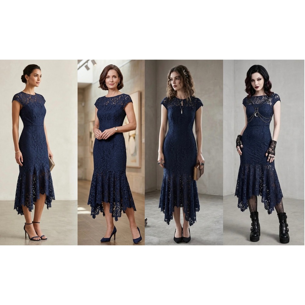 Banana Republic Navy Floral Lace Handkerchief Hem Midi Dress 10T Dark Romantic
